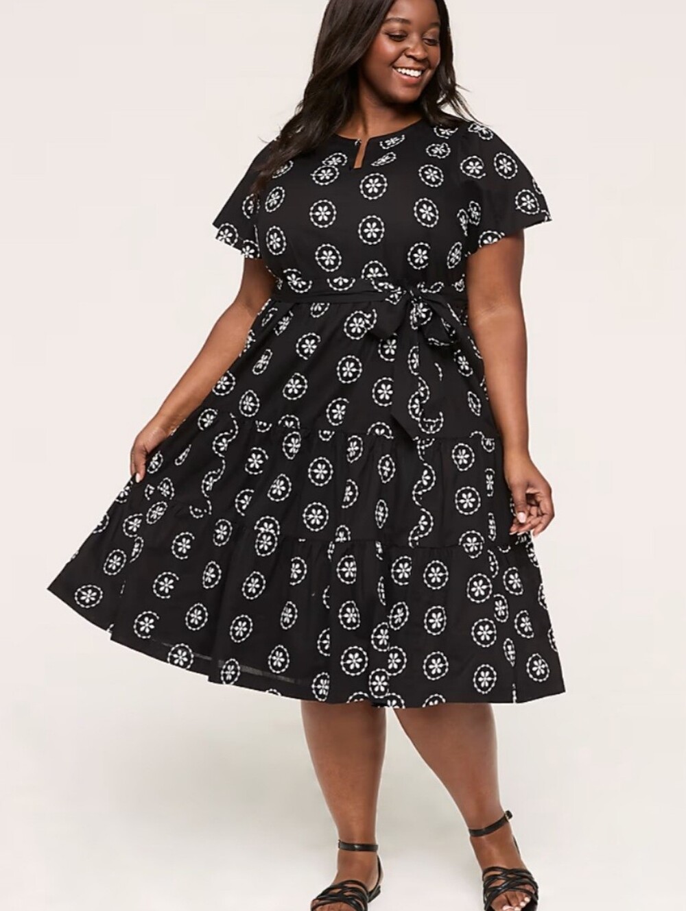 Cotton Eyelet Tiered Midi Dress Split Neck Flutter Sleeve Belted Black Pockets